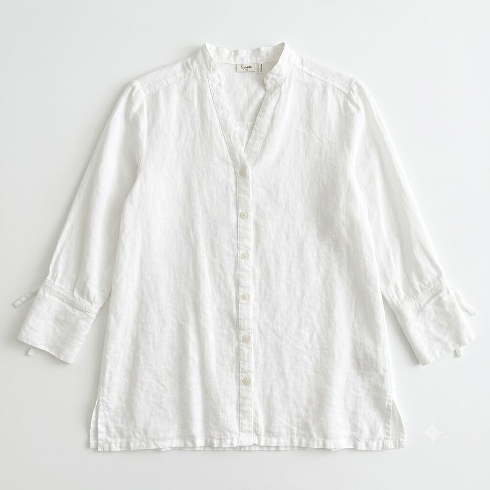Symple NYC Linen Lagenlook Shirt White 3/4 Sleeve Relaxed Casual Womens Small